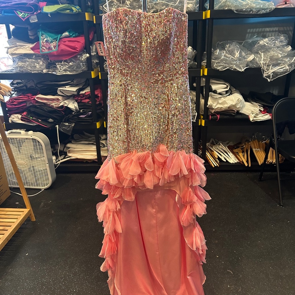 Sherri Hill Size 2 Pink Sequined and Ruffled Hi-Lo Gown